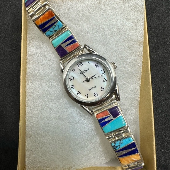 Navajo Stone Inlay Sterling Silver Jewelry Watch. Mother of Pearl watch face - Picture 1 of 5